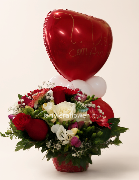Bouquet di fiori personalizzabile con colonna palloncini personalizzata.